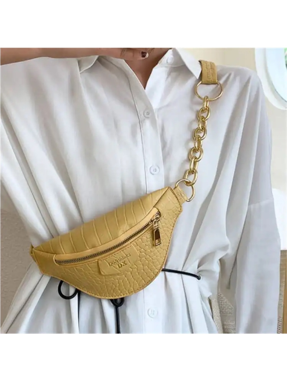 Yellow Croc-Texture Chain Strap Waist Bag